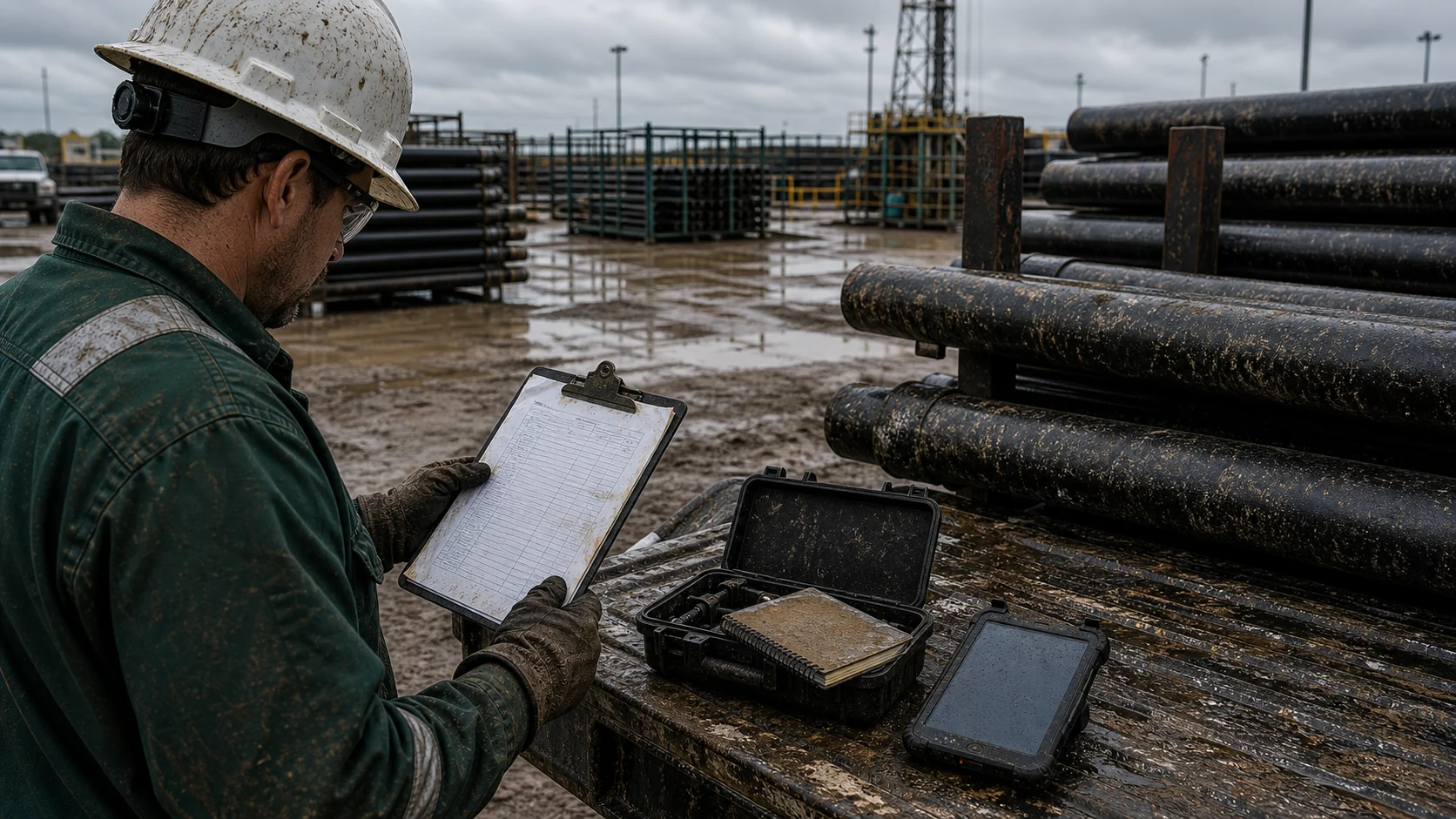 Oilfield worker comparing paper ledgers with physical metal assets in a yard