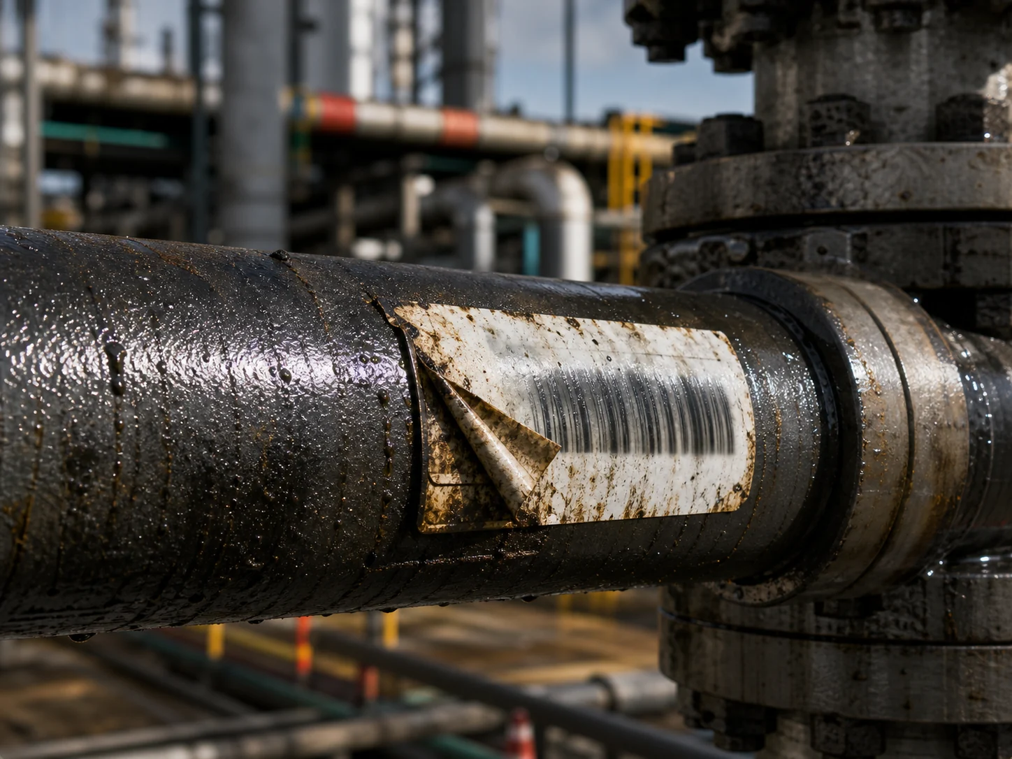 Oil and gas metal pipe with oily damaged barcode label and rugged industrial RFID tag