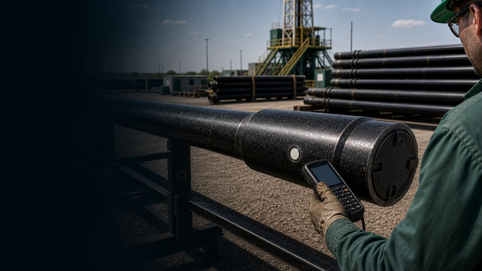 Industrial oil and gas RFID identity scene with tagged tubulars, valves, and handheld reading